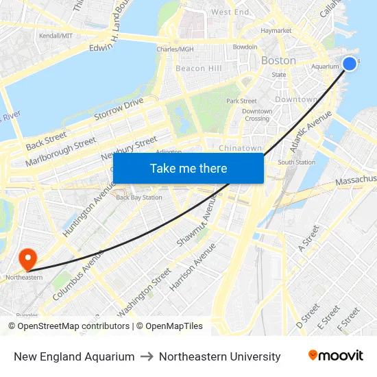 New England Aquarium to Northeastern University map