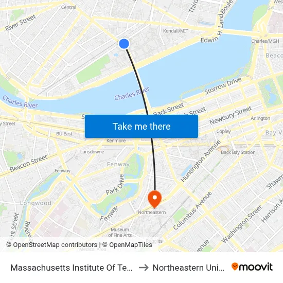 Massachusetts Institute Of Technology to Northeastern University map
