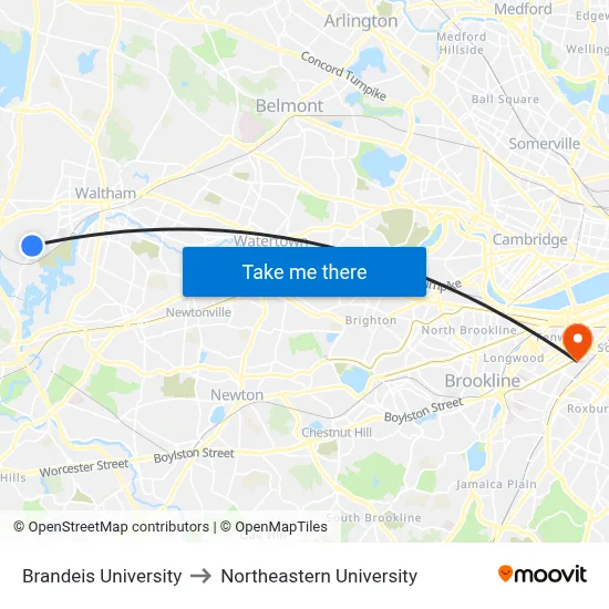 Brandeis University to Northeastern University map