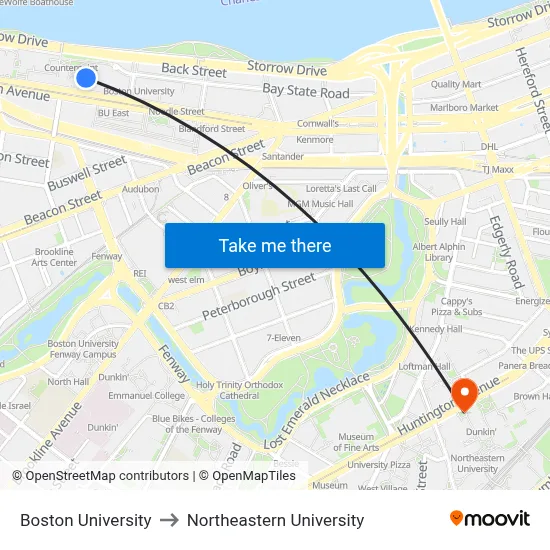 Boston University to Northeastern University map