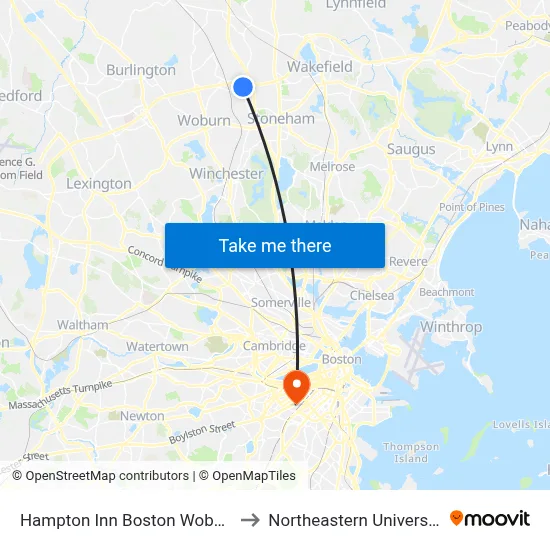 Hampton Inn Boston Woburn to Northeastern University map