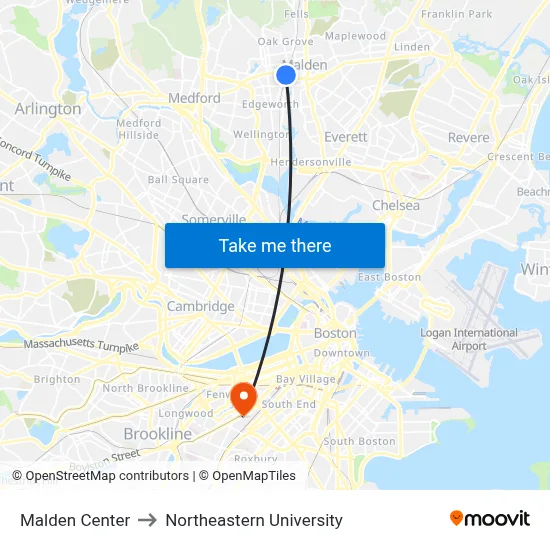 Malden Center to Northeastern University map