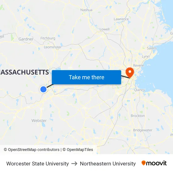 Worcester State University to Northeastern University map