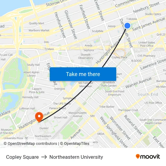 Copley Square to Northeastern University map