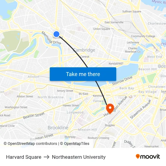 Harvard Square to Northeastern University map