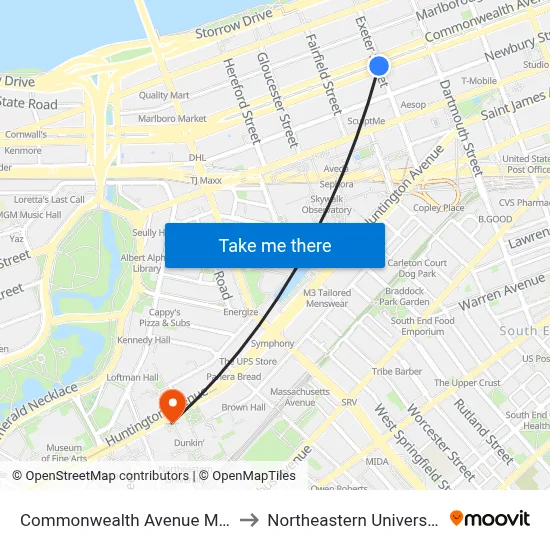 Commonwealth Avenue Mall to Northeastern University map