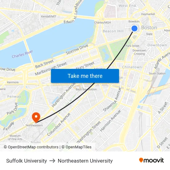 Suffolk University to Northeastern University map