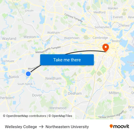 Wellesley College to Northeastern University map