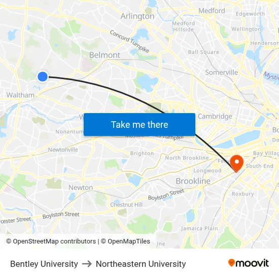 Bentley University to Northeastern University map