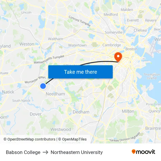 Babson College to Northeastern University map