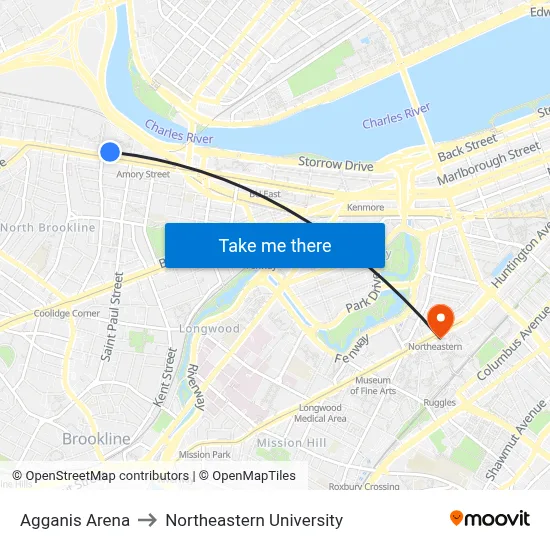 Agganis Arena to Northeastern University map