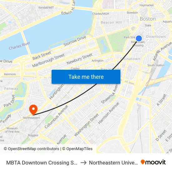MBTA Downtown Crossing Station to Northeastern University map