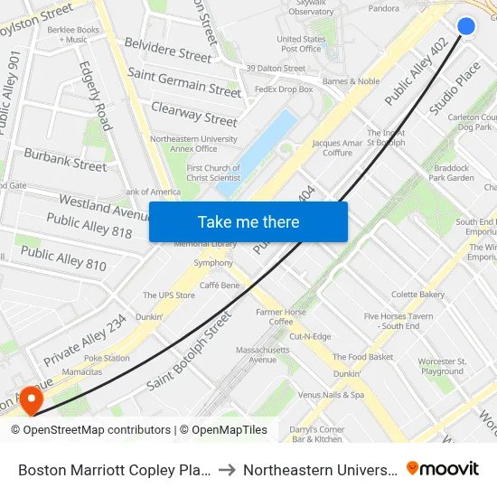 Boston Marriott Copley Place to Northeastern University map