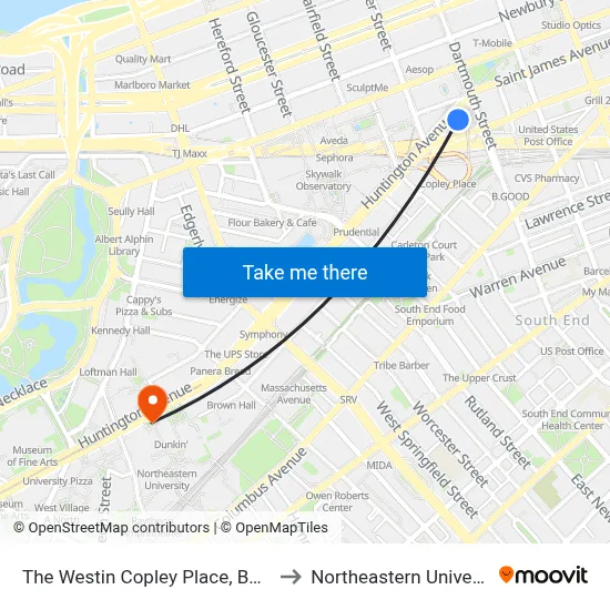 The Westin Copley Place, Boston to Northeastern University map