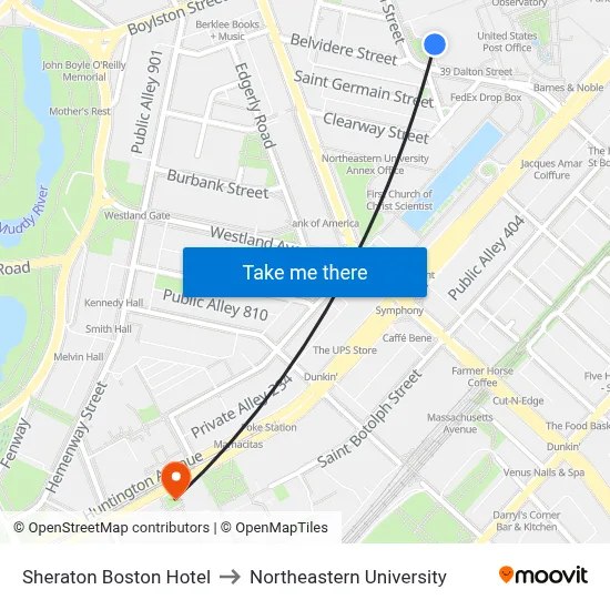 Sheraton Boston Hotel to Northeastern University map