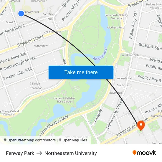 Fenway Park to Northeastern University map
