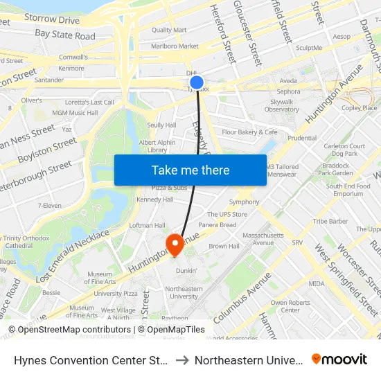 Hynes Convention Center Station to Northeastern University map