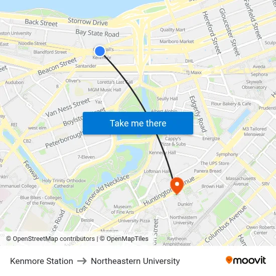 Kenmore Station to Northeastern University map