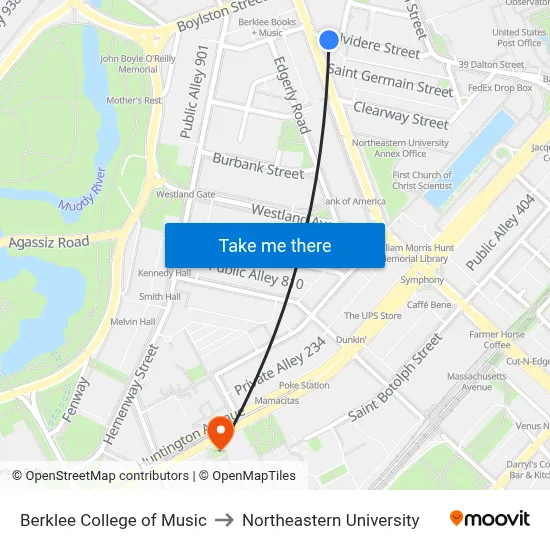 Berklee College of Music to Northeastern University map