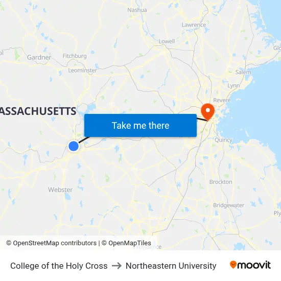 College of the Holy Cross to Northeastern University map