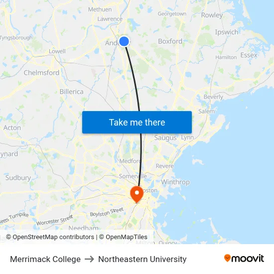 Merrimack College to Northeastern University map