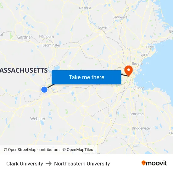 Clark University to Northeastern University map