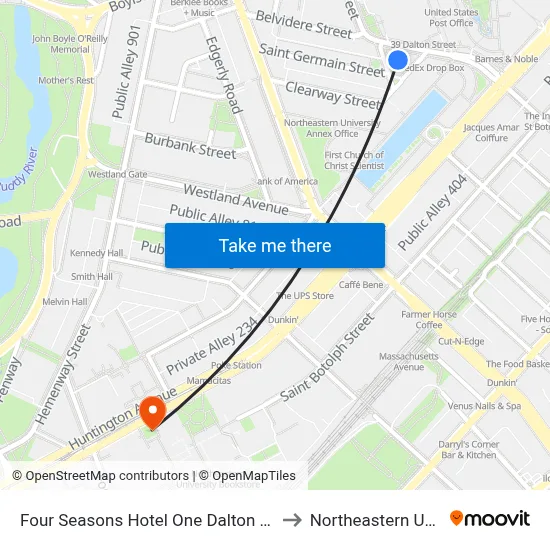 Four Seasons Hotel One Dalton Street Boston to Northeastern University map