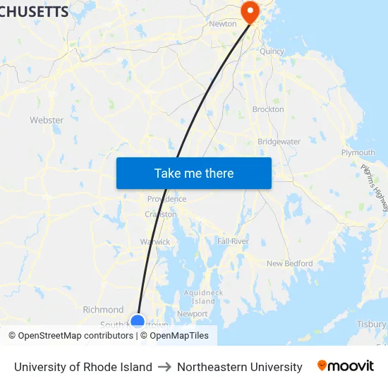 University of Rhode Island to Northeastern University map