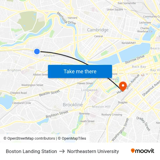Boston Landing Station to Northeastern University map