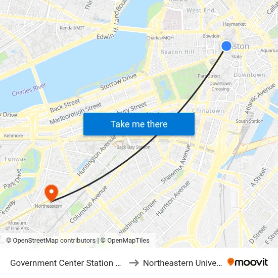 Government Center Station MBTA to Northeastern University map