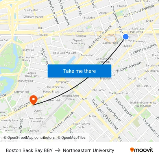Boston Back Bay BBY to Northeastern University map
