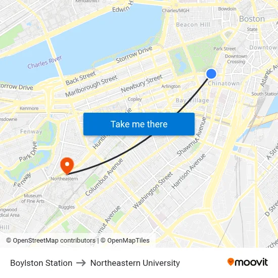 Boylston Station to Northeastern University map