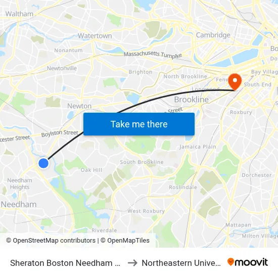 Sheraton Boston Needham Hotel to Northeastern University map