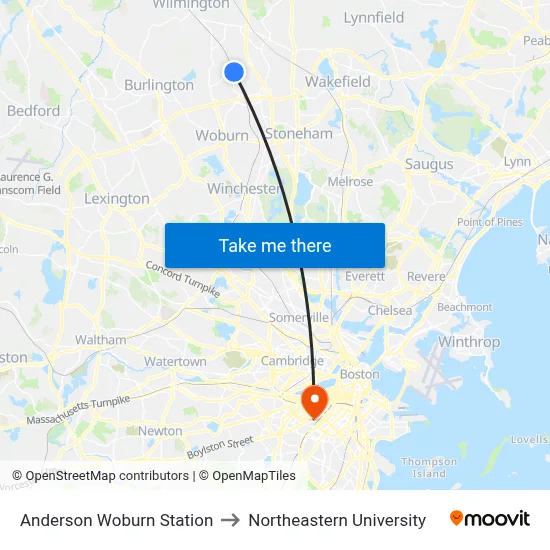 Anderson Woburn Station to Northeastern University map