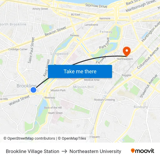 Brookline Village Station to Northeastern University map