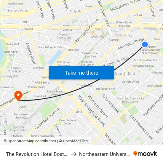 The Revolution Hotel Boston to Northeastern University map