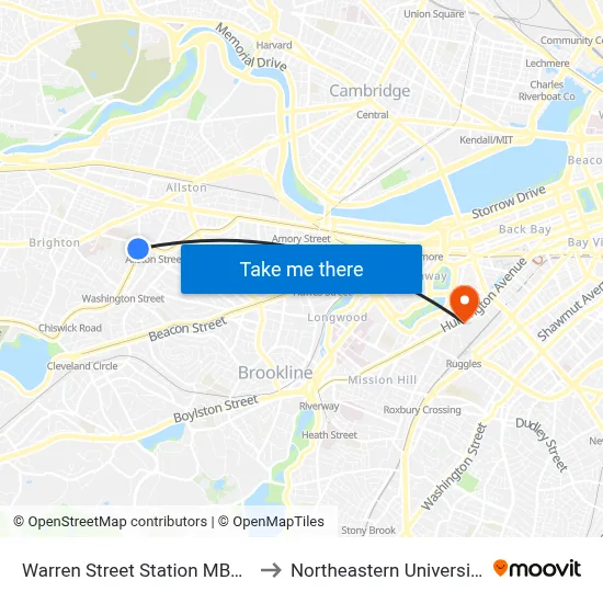 Warren Street Station MBTA to Northeastern University map