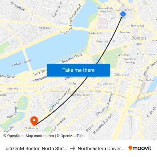 citizenM Boston North Station to Northeastern University map