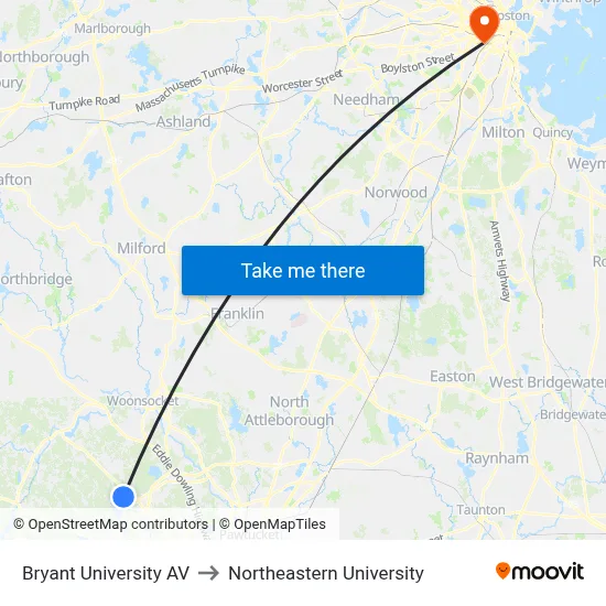 Bryant University AV to Northeastern University map