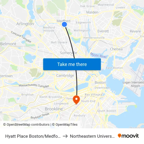 Hyatt Place Boston/Medford to Northeastern University map
