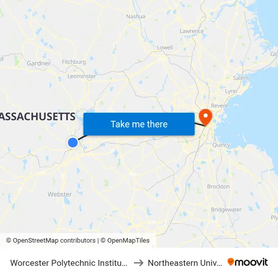 Worcester Polytechnic Institute (WPI) to Northeastern University map