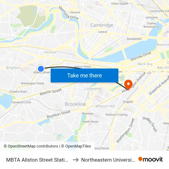 MBTA Allston Street Station to Northeastern University map