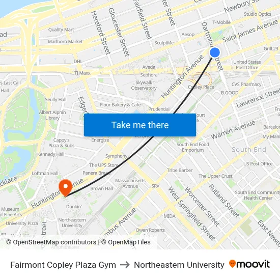 Fairmont Copley Plaza Gym to Northeastern University map