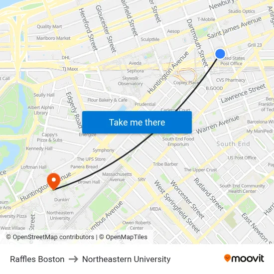 Raffles Boston to Northeastern University map