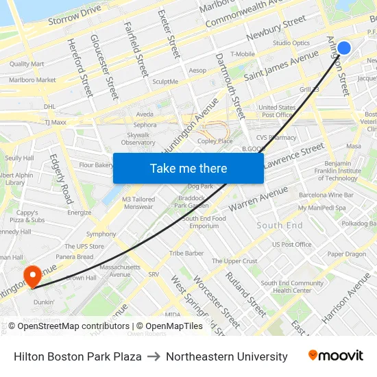 Hilton Boston Park Plaza to Northeastern University map