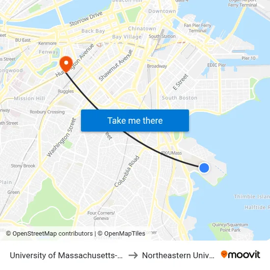 University of Massachusetts-Boston to Northeastern University map