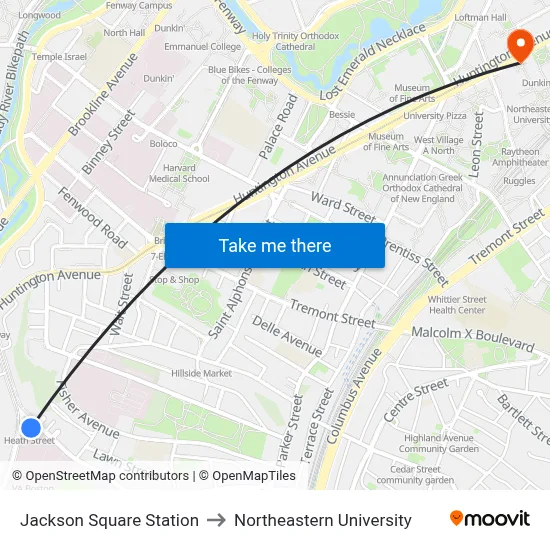 Jackson Square Station to Northeastern University map