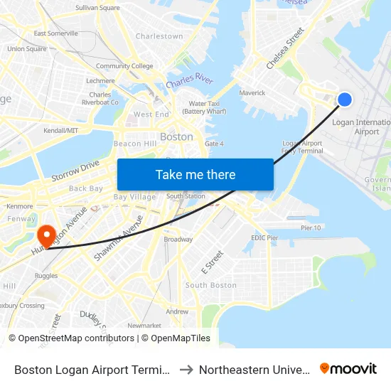Boston Logan Airport Terminal C to Northeastern University map