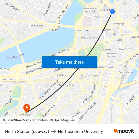 North Station (subway) to Northeastern University map