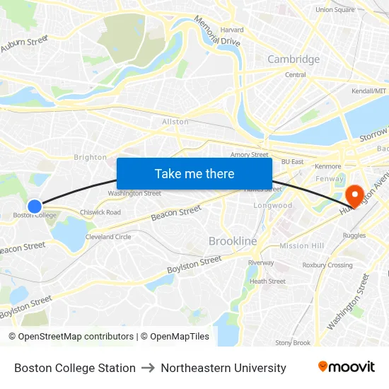 Boston College Station to Northeastern University map